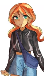 Size: 768x1331 | Tagged: safe, alternate version, artist:sugarcube269, sunset shimmer, human, g4, 2d, clothes, female, humanized, jacket, leather, leather jacket, long sleeves, shorts, simple background, smiling, solo, white background