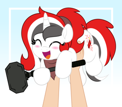 Size: 5680x5000 | Tagged: safe, artist:jhayarr23, oc, oc only, oc:red rocket, pony, unicorn, blushing, clothes, commission, cute, gradient background, hammer, happy, horn, scarf, sledgehammer, your character here