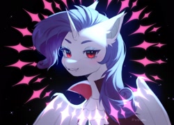 Size: 2507x1804 | Tagged: safe, artist:tyutya, rarity, pony, unicorn, bat wings, black background, female, horn, mare, red eyes, simple background, smiling, sparkles, wings
