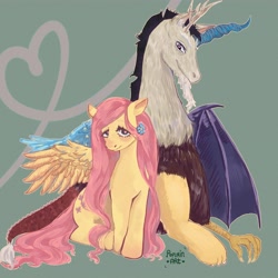 Size: 4000x4000 | Tagged: safe, artist:popurin, discord, fluttershy, draconequus, pegasus, g4, antlers, blushing, duo, duo male and female, female, flower, flower in hair, heart, heart eyes, horn, implied discoshy, implied shipping, implied straight, male, signature, spread wings, wingding eyes, wings