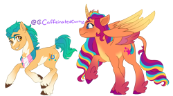 Size: 1798x1000 | Tagged: safe, artist:caffeinatedcarny, hitch trailblazer, sunny starscout, alicorn, earth pony, pony, g5, blushing, coat markings, colored hooves, colored wings, countershading, curved horn, duo, ear piercing, feathered fetlocks, gradient hooves, gradient mane, gradient wings, horn, horn runes, leonine tail, markings, multicolored hair, piercing, pride, pride flag, race swap, redesign, siblings, simple background, sunnycorn, tail, transgender, transgender pride flag, transmasc, unshorn fetlocks, wings