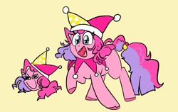 Size: 1239x782 | Tagged: safe, artist:melodymelanchol, pinkie pie, earth pony, pony, female, hat, jester hat, jester outfit, kinsona, mare, simple background, solo, yellow background