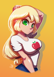 Size: 706x1000 | Tagged: safe, artist:the-park, applejack, human, equestria girls, g4, breasts, busty applejack, female, gradient background, half body, hand on head, hatless, missing accessory, solo