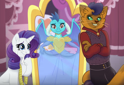 Size: 1600x1101 | Tagged: safe, artist:faitheverlasting, part of a set, capper dapperpaws, princess ember, rarity, abyssinian, cat, dragon, pony, unicorn, anthro, armor, clothes, cloven hooves, commission, crying, dragoness, dress, female, gown, grin, horn, male, mare, mirror, reflection, smiling, story in the source, tears of joy, teary eyes, trio