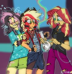 Size: 1046x1074 | Tagged: safe, artist:chortzykit, applejack, fluttershy, sunset shimmer, human, antonymph, vylet pony, equestria girls, g4, alternate hairstyle, bong, clothes, coontails, drugs, dyed hair, emoshy, female, flutterhigh, fluttgirshy, gir, high, invader zim, keep calm and carry on, nervous, pants, ripped pants, shorts, speedpaint available, torn clothes, trio