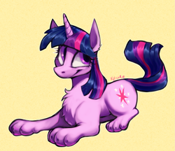 Size: 1325x1145 | Tagged: safe, artist:chortzykit, twilight sparkle, cat, cat pony, original species, pony, unicorn, g4, catified, chest fluff, horn, lying down, paws, simple background, smiling, solo, species swap, twilight cat, unicorn twilight, yellow background