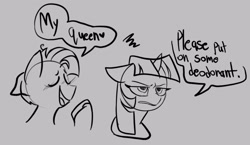 Size: 2048x1186 | Tagged: safe, artist:melodymelanchol, star tracker, twilight sparkle, alicorn, earth pony, pony, blushing, dialogue, duo, female, gray background, male, mare, monochrome, simple background, sketch, speech bubble, stallion, unrequited