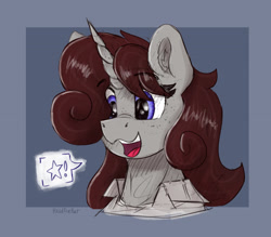 Size: 2705x2365 | Tagged: safe, artist:reddthebat, oc, oc only, oc:violina (reddthebat), pony, unicorn, blue background, bust, ear fluff, female, high res, horn, mare, open mouth, open smile, passepartout, pictogram, simple background, smiling, solo, speech bubble