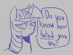 Size: 2003x1508 | Tagged: safe, artist:melodymelanchol, twilight sparkle, alicorn, pony, dialogue, female, gray background, mare, monochrome, offscreen character, simple background, sketch, solo, speech bubble