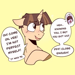 Size: 1928x1928 | Tagged: safe, artist:melodymelanchol, velvet sky, wiz kid, pegasus, pony, unicorn, dialogue, duo, eye clipping through hair, eyebrows, eyebrows visible through hair, female, horn, male, mare, simple background, speech bubble, stallion, yellow background