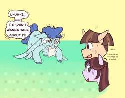 Size: 2048x1608 | Tagged: safe, artist:melodymelanchol, curly winds, some blue guy, velvet sky, wiz kid, pegasus, pony, unicorn, abstract background, crying, dialogue, eye clipping through hair, eyebrows, eyebrows visible through hair, female, horn, male, mare, speech bubble, stallion, test