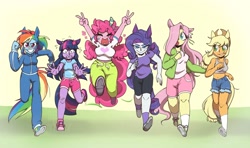 Size: 1840x1086 | Tagged: safe, alternate version, artist:melodymelanchol, applejack, fluttershy, pinkie pie, rainbow dash, rarity, twilight sparkle, human, g4, bandaid, bandaid on nose, belly button, clothes, denim, eared humanization, female, hair over one eye, hairclip, humanized, jeans, mane six, pants, peace sign, pony coloring, running, short jeans, short shirt, shorts, sweatpants, tail, tailed humanization, teary eyes, tracksuit, uma musume pretty derby
