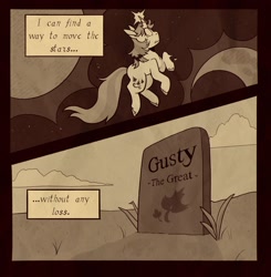 Size: 1440x1470 | Tagged: safe, artist:melodymelanchol, gusty, gusty the great, pony, unicorn, comic:rotten harmony, g1, comic, crying, curved horn, female, grave, gravestone, horn, mare, monochrome, moon, solo, sun, unshorn fetlocks