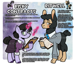 Size: 2048x1755 | Tagged: safe, artist:lycantrin, oc, oc:bitwell, oc:risky contracts, alpaca, llama, pony, unicorn, pony town, alpaca oc, bidwell, biography, black coat, black mane, blushing, brown eyes, bun hairstyle, bushy tail, button-up shirt, cardigan, clipboard, clothes, collared shirt, digital art, duo, fanart, fandom, floating, fountain pen, glasses, glowing, glowing horn, green eyes, horn, long skirt, looking at you, messy mane, necktie, no pants, office, office lady, office worker, pauling, pleated skirt, pony town oc, purple coat, purple magic, reference sheet, rolled up sleeves, shirt, signature, skirt, statistics, tail, tail bun, team fortress 2, three piece suit, tied tail, tuxedo, unicorn oc, wall of tags, watercolor background, watermark, wool, worker, worker drone