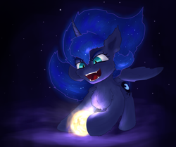 Size: 2595x2174 | Tagged: safe, artist:gosha305, princess luna, alicorn, pony, g4, behaving like a cat, chest fluff, cute, dark background, ear fluff, ethereal mane, fangs, female, fluffy, full body, horn, mare, open mouth, playing, running, slit pupils, solo, starry mane, sun, tangible heavenly object, teeth, wings, younger