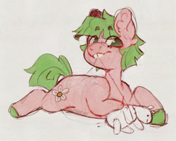 Size: 1819x1460 | Tagged: safe, artist:shyhandart, oc, oc only, oc:sweet pea, earth pony, pony, adopted offspring, bucktooth, colored hooves, eye clipping through hair, eyebrows, eyebrows visible through hair, female, filly, foal, lying down, missing limb, mouth hold, parent:big macintosh, parent:fluttershy, parents:fluttermac, plushie, prone, sewing, simple background, solo, sploot, thread, turned head, white background