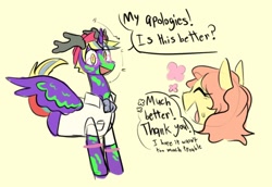 Size: 2048x1412 | Tagged: safe, artist:melodymelanchol, oc, oc only, oc:gentle shy, oc:german pringles, alicorn, pegasus, pony, alicorn oc, antlers, clothes, cowboy hat, dialogue, duo, female, hat, horn, male, mare, shirt, simple background, stallion, wings, yellow background