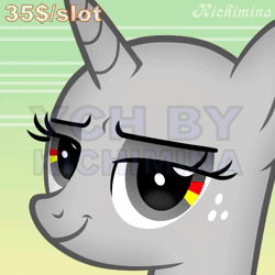 Size: 512x512 | Tagged: safe, artist:kichimina, pony, unicorn, animated, bust, colored, commission, eyebrow wiggle, eyebrows, eyeshadow, female, generic pony, gif, gradient background, horn, lidded eyes, looking at you, loop, makeup, mare, perfect loop, portrait, show accurate, signature, smiling, smiling at you, smirk, solo, vector, wrinkles, ych animation, your character here