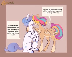 Size: 2150x1703 | Tagged: safe, artist:sabiwabii, oc, oc only, oc:moonstone, oc:party favor, pegasus, pony, unicorn, brown background, coat markings, duo, duo female, eyes closed, female, horn, hug, magical lesbian spawn, mare, offspring, open mouth, open smile, pale belly, parent:pinkie pie, parent:rainbow dash, parents:pinkiedash, partially open wings, simple background, sitting, smiling, socks (coat markings), wings