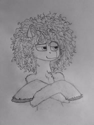 Size: 3060x4080 | Tagged: safe, artist:curly horse, oc, oc only, earth pony, pony, bipedal, chest fluff, crossed hooves, curly hair, curly mane, fluffy, human shoulders, male, pencil drawing, shoulder fluff, silly, smug, solo, stallion, traditional art, unshorn fetlocks
