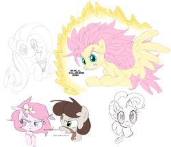 Size: 1634x1404 | Tagged: safe, artist:dotkwa, artist:parfait, fluttershy, pinkie pie, oc, oc:deary dots, oc:kayla, earth pony, pegasus, pony, g4, art dump, aura, bust, collaboration, dialogue, dragon ball, drink, drinking, drinking straw, female, filly, floppy ears, flower, flower in hair, foal, gritted teeth, hoof hold, looking at you, mare, onomatopoeia, smiling, smiling at you, spread wings, super saiyan 3, teeth, wings