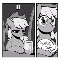 Size: 2002x2048 | Tagged: safe, artist:melodymelanchol, applejack, earth pony, pony, comic:rotten harmony, alcohol, applejack's hat, bar, black and white, comic, cowboy hat, dialogue, drink, female, grayscale, hat, implied berry punch, mare, monochrome, mug, offscreen character, solo, speech bubble, sweat