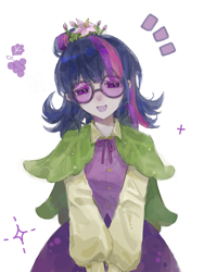 Size: 1080x1440 | Tagged: safe, artist:一个, twilight sparkle, human, blouse, clothes, dress, flower, flower in hair, glasses, humanized, simple background, solo, white background