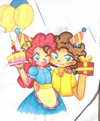 Size: 750x912 | Tagged: safe, artist:超级冷圈人, cheese sandwich, pinkie pie, human, apron, balloon, cake, clothes, dress, food, humanized, present, shirt, traditional art