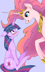 Size: 1055x1688 | Tagged: safe, artist:木瓜papaya, pinkie pie, twilight sparkle, alicorn, pony, unicorn, g4, alicornified, blue background, blushing, crown, duo, duo female, female, hoof shoes, horn, jewelry, licking, licking lips, looking at each other, looking at someone, mare, pinkiecorn, princess shoes, race swap, regalia, simple background, sitting, tongue out, xk-class end-of-the-world scenario