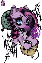 Size: 1766x2679 | Tagged: safe, artist:napolipony, pinkie pie, earth pony, pony, g4, balloon, bridge piercing, bubblegum, chest fluff, choker, cross, ear piercing, earring, emo, eyebrow piercing, eyebrow slit, eyebrows, female, food, gum, jewelry, looking at you, mare, multicolored hair, piercing, pinkamena diane pie, simple background, solo, spiked choker, spiked wristband, white background, wip, wristband
