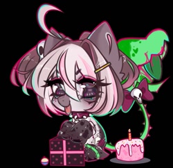Size: 719x695 | Tagged: safe, artist:napolipony, oc, oc only, original species, plant pony, pony, venus flytrap, birthday cake, black background, bow, cake, choker, cupcake, ear fluff, eye clipping through hair, eyebrows, eyebrows visible through hair, female, food, hairclip, mare, plant, present, simple background, solo, spiked choker, tail, tail bow, tongue out, unshorn fetlocks, vine