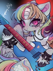 Size: 2060x2758 | Tagged: safe, artist:napolipony, rainbow dash, pegasus, pony, g4, alternate cutie mark, bandage, chains, chest fluff, electric guitar, female, guitar, jewelry, mare, musical instrument, necklace, playing instrument, solo, spiked wristband, unshorn fetlocks, wristband