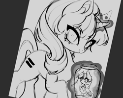 Size: 913x729 | Tagged: safe, artist:napolipony, starlight glimmer, twilight sparkle, alicorn, pony, unicorn, g4, duo, equal cutie mark, female, gray background, grayscale, horn, jar, magic, mare, monochrome, s5 starlight, simple background, size difference, sketch, telekinesis, thing in a jar, twilight sparkle (alicorn), wip