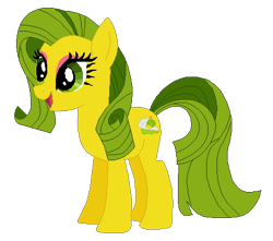 Size: 451x398 | Tagged: safe, artist:selenaede, artist:user15432, kiwi tart (g4), earth pony, pony, g4, base used, generation leap, green hair, green mane, green tail, open mouth, open smile, recolor, simple background, smiling, solo, tail, transparent background, yellow coat