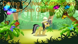 Size: 1280x720 | Tagged: safe, artist:piranhaplant1, artist:sim gretina, artist:user15432, daring do, butterfly, insect, pegasus, pony, bush, clothes, daring do (feat. kathy-chan), explorer outfit, forest, jungle, nature, palm tree, safari hat, sim gretina, smiling, tree, vine