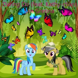 Size: 900x900 | Tagged: safe, artist:dashiesparkle, artist:sim gretina, artist:user15432, daring do, rainbow dash, butterfly, insect, pegasus, pony, album, album cover, bush, clothes, daring do (feat. kathy-chan), explorer outfit, forest, jungle, looking at you, nature, open mouth, open smile, safari hat, smiling, smiling at you, tree, vine