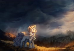 Size: 4096x2858 | Tagged: safe, artist:sweettsa1t, oc, oc only, pony, bonnet, bow, coat markings, commission, dappled, female, forest, hair bow, hill, horns, mare, nature, pigtails, rain, scenery, scenery porn, solo, storm, tree, unshorn fetlocks