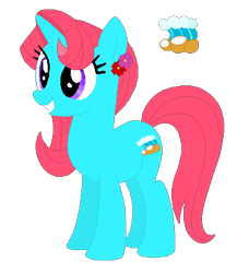 Size: 370x405 | Tagged: safe, artist:selenaede, artist:user15432, oc, oc:coconut ocean, pony, unicorn, base used, coconut, cutie mark, flower, flower in hair, food, horn, reference sheet, simple background, smiling, transparent background, wave