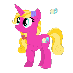Size: 418x416 | Tagged: safe, artist:box-of-ideas, artist:user15432, oc, oc:seashell breeze, pony, unicorn, base used, cutie mark, flower, flower in hair, horn, raised hoof, reference sheet, seashell, simple background, smiling, transparent background
