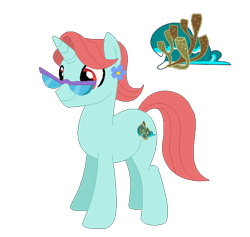 Size: 538x509 | Tagged: safe, artist:box-of-ideas, artist:kinnichi, artist:user15432, oc, oc:coral waves, pony, unicorn, base used, coral, cutie mark, flower, flower in hair, glasses, horn, reef, simple background, smiling, transparent background, wave