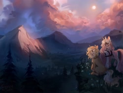 Size: 4000x3000 | Tagged: safe, artist:sweettsa1t, oc, oc only, pony, unicorn, chest fluff, cloud, duo, female, flower, flower in hair, forest, harness, horn, mare, mountain, nature, scenery, scenery porn, sitting, tree, unshorn fetlocks, vein