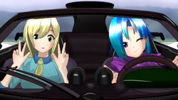 Size: 1280x720 | Tagged: safe, artist:tantan_harusame, derpy hooves, dj pon-3, vinyl scratch, human, g4, car, duo, female, humanized, one eye closed, pagani zonda, parody, peace sign, pixiv, wink