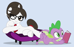 Size: 7806x5000 | Tagged: safe, artist:jhayarr23, raven, spike, dragon, pony, unicorn, book, clothes, commission, couch, crossed legs, cute, female, glasses, hair bun, horn, male, mare, necktie, older, older spike, one eye closed, one eye open, posing for photo, ravenbetes, reading, ship:ravenspike, shipping, simple background, sparkles, spikabetes, straight, winged spike, wings, wink, ych result