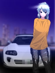 Size: 768x1024 | Tagged: safe, artist:tantan_harusame, cloudchaser, human, g4, arm behind back, car, clothes, female, humanized, jeans, looking at you, night, pants, ripped jeans, ripped pants, smiling, solo, sweater, torn clothes, toyota supra