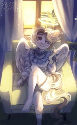 Size: 1259x2048 | Tagged: safe, artist:sweettsa1t, oc, oc only, angel, pegasus, anthro, plantigrade anthro, armchair, chair, clothes, female, halo, shorts, sitting, socks, solo