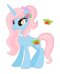 Size: 372x460 | Tagged: safe, artist:selenaede, artist:user15432, oc, oc:coconut berry, pony, unicorn, g4, base used, coconut, concave belly, cutie mark, flower, flower in hair, food, horn, jewelry, necklace, pearl necklace, ponytail, reference sheet, simple background, slender, smiling, solo, strawberry, thin, transparent background