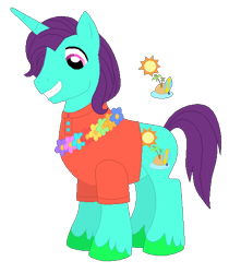Size: 488x551 | Tagged: safe, artist:selenaede, artist:user15432, oc, oc:sun surfer, pony, unicorn, g4, base used, clothes, cutie mark, floral necklace, flower, horn, island, ocean, shirt, simple background, smiling, solo, sun, surfboard, transparent background, water