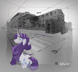 Size: 1334x1245 | Tagged: safe, artist:felfox, rarity, pony, unicorn, horn, partial color, perspective, solo