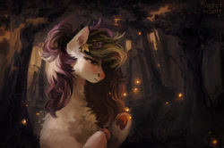 Size: 1280x848 | Tagged: safe, artist:sweettsa1t, oc, oc only, earth pony, firefly (insect), insect, pony, chest fluff, female, flower, flower in hair, forest, hair bun, mare, nature, scenery, solo, tree