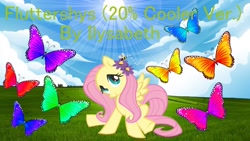 Size: 1920x1080 | Tagged: safe, artist:ilysabeth, artist:user15432, fluttershy, bee, butterfly, insect, pegasus, pony, g4, blue sky, cloud, flower, flower in hair, grass, smiling, solo, sun, tree
